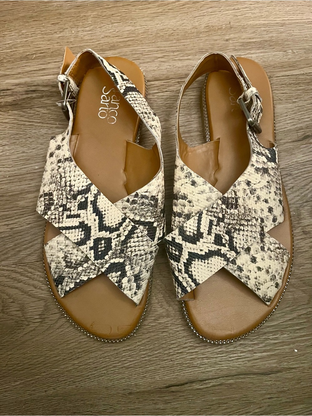 Franco Sarto Kayleigh Tan and Black Snake-Print Crisscross Slingback Sandals